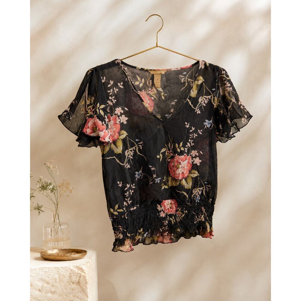 100% Silk Vintage Fairycore Dark Floral Flutter Sleeve Blouse